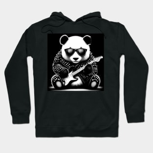 A panda bear wearing an old leather jacket and playing the guitar. Hoodie